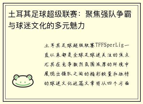 土耳其足球超级联赛：聚焦强队争霸与球迷文化的多元魅力