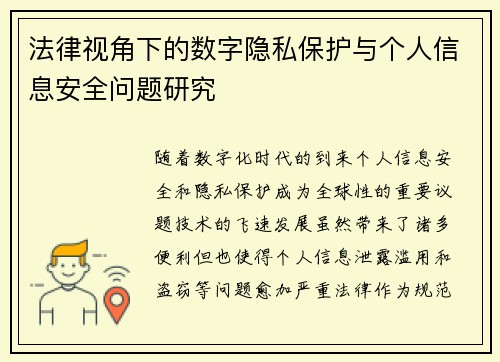 法律视角下的数字隐私保护与个人信息安全问题研究